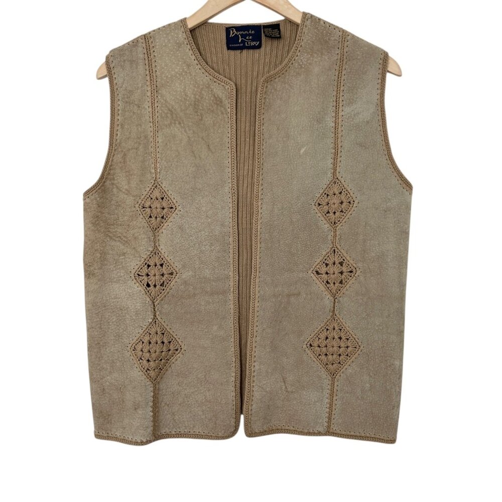 Bonnie Lee Vintage Suede Crochet Boho Western Open Front‎ Knit Sweater Vest (L)